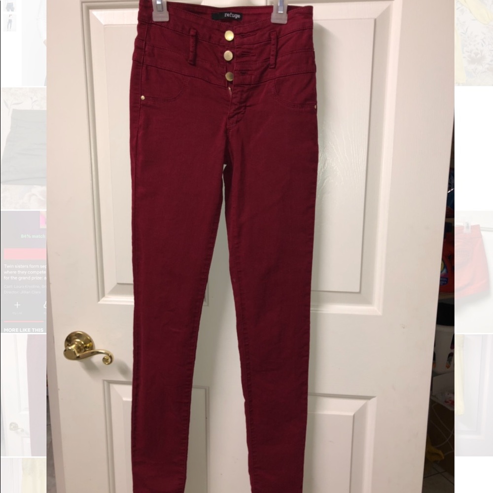 High waisted, maroon jeans